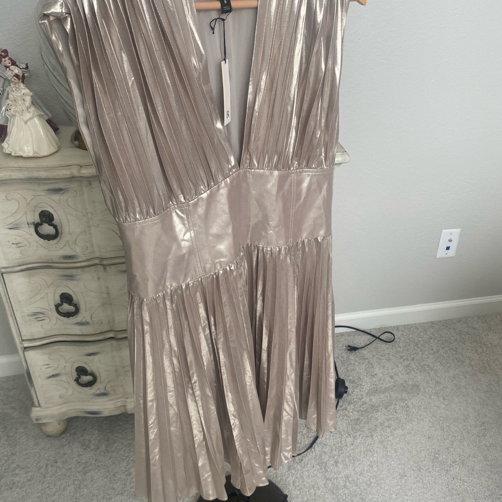 Banana Republic Metallic Taupe Pleated Midi Dress